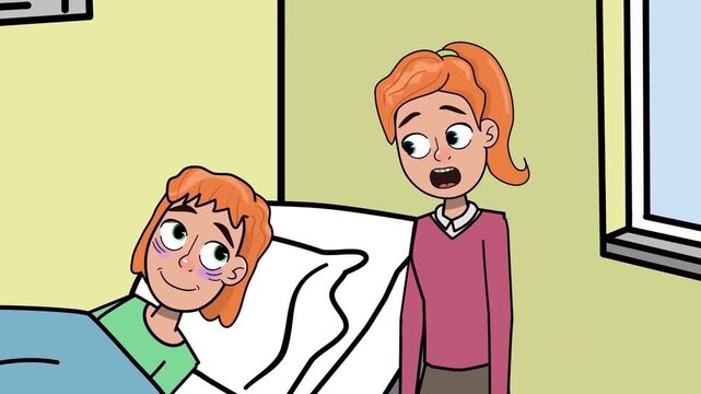 Worried friend visits injured girl resting in hospital bed animation showing emotional recovery and care in colorful cartoon motion footage