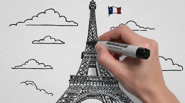 Hand drawing Eiffel Tower sketch with black marker.