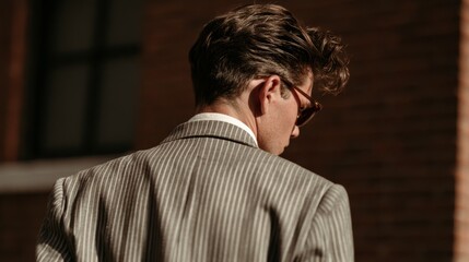 Fototapeta premium Man in Suit, Striped Blazer, Sunglasses, Sidewalk, Urban, Fashionable, Casual Elegance