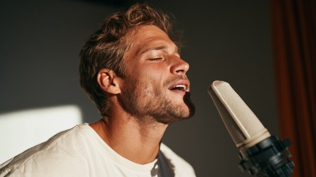 Man with Beard Singing into Microphone, Recording Studio.