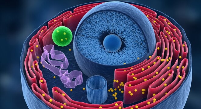 3D render of a eukaryotic cell nucleus with nucleolus endoplasmic reticulum and other organelles