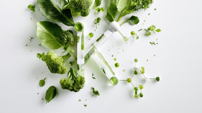 Fresh green broccoli and leafy greens are arranged with scientific molecular models on a white surface, representing healthy food and science.