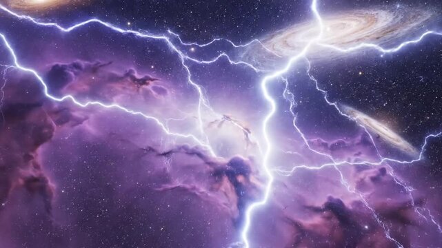 Lightning bolts striking through purple nebulae and distant galaxies