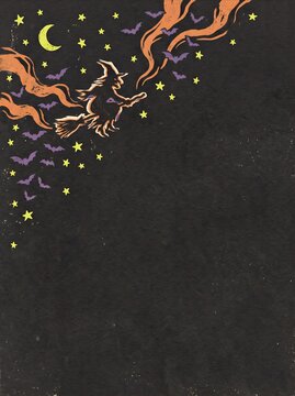 Vintage Halloween Flying Witch on Broomstick Background with Stars Crescent Moon and Swarm of Flying Bats