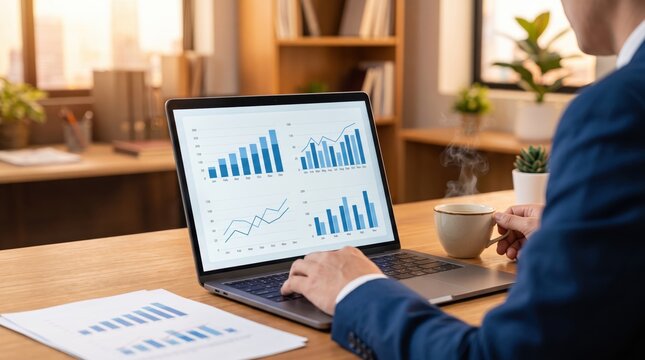 Businessman analyzing financial charts and graphs on laptop screen while holding coffee cup in cozy home office, remote work concept for data driven decision making and strategic business planning.