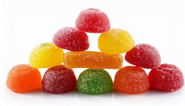 colorful sugar coated gumdrop candies assorted fruity jelly sweets bright confectionery pile for dessert and snack design isolated on white background