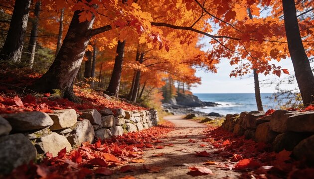 fall, coast, forest, pathway, trail, vibrant red maple trees lining a scenic coastal trail during peak autumn foliage with sunny ocean view, stone wall, nature background, landscape, outdoor
