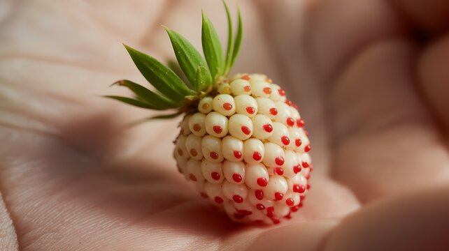 Single ripe pineberry fruit, a unique white strawberry with distinctive red seeds and green stem.