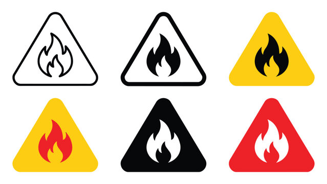Set of fire hazard warning signs with flame icons in triangular frames combustion triangle attention inflammable industrial illustration