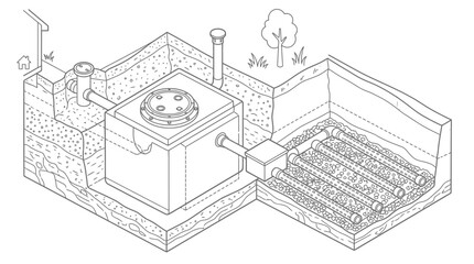 Fototapeta premium Isometric Septic Tank System Diagram Line Art; Underground Residential Waste Water Management and Drainage Field Illustration