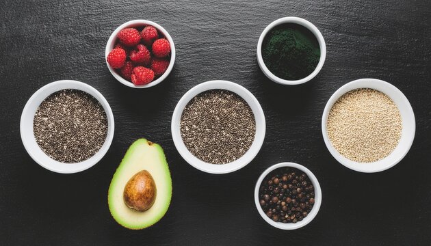 Super alimentos sobre fondo oscuro semillas de ch&iacute;a, quinoa, espirulina, frutos rojos y aguacate