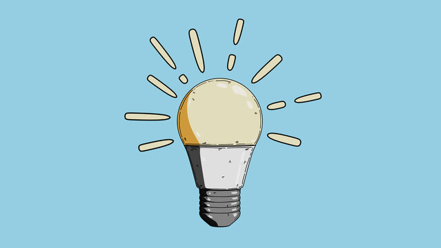 Glowing LED Light Bulb with Light Burst Rays Illustration on Blue Background