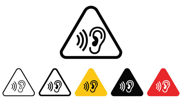 Set of audio or noise hazard warning signs featuring an ear icon triangle collection protection industrial acoustic pictogram silhouette