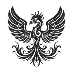 Fototapeta premium Ornate phoenix bird icon featuring decorative fleur-de-lis elements in elegant vector style for heraldic emblems, logos, and branding.