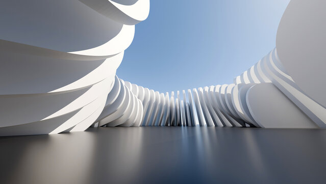 Futuristic 3D render of a white parametric architectural courtyard with clear blue sky. Ideal for modern design, tech covers, and commercial concepts