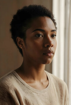 Mental health and mindfulness, thoughtful young woman looking away with calm expression in natural light for wellness and self care editorial portrait