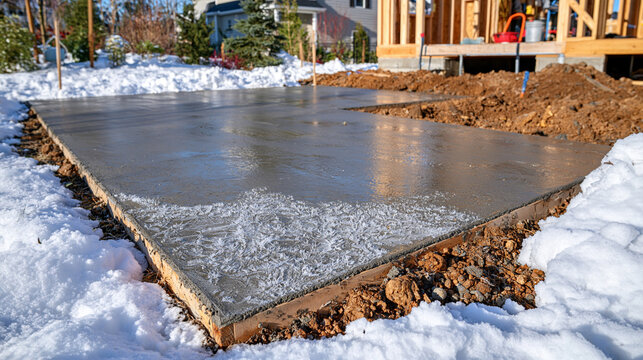 Close wide view of a freshly poured concrete foundation surrounded by deep snow, delicate ice crystals and intricate frost patterns forming across the damp cement surface, freezing construction cond