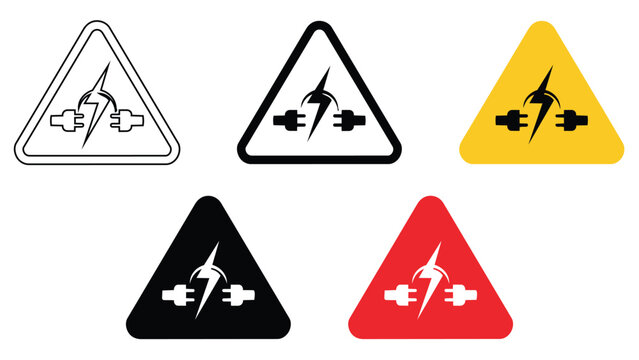 Set of electrical shock hazard warning signs with bolt and plug icons in triangular frames electricity triangle electric attention industrial