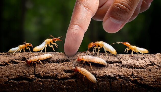 finger pointing at termite larvae in wood insects infestation