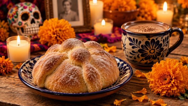 Pan de muerto and coffee on traditional Mexican altar