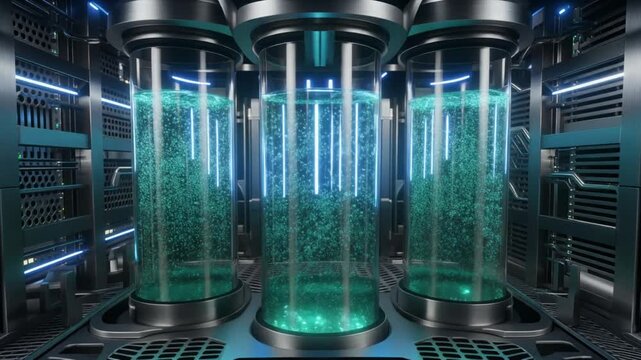 近未来の研究所にある緑色の液体と泡が満たされた巨大な培養カプセル