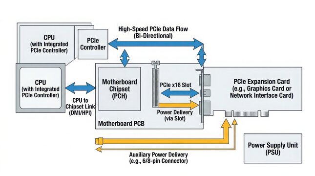 Computer motherboard with PCIe expansion card connection diagram