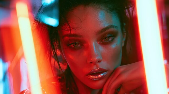 Vibrant neon-lit studio fashion shot featuring a confident brunette model with colorful makeup