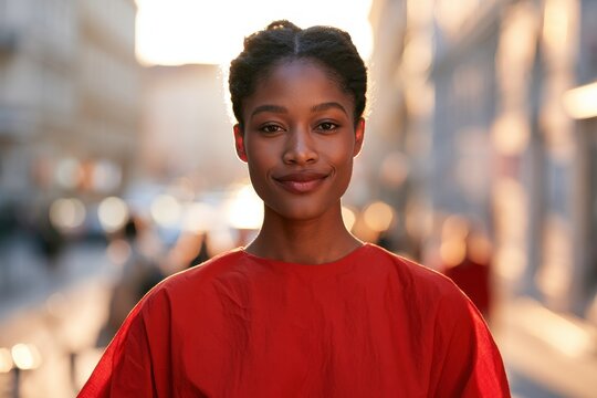 Vibrant outdoor portrait: dark-skinned woman in a red garment with soft background
