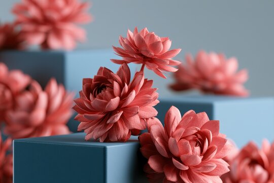 Vibrant pink succulents on blue risers in a minimalist studio setup