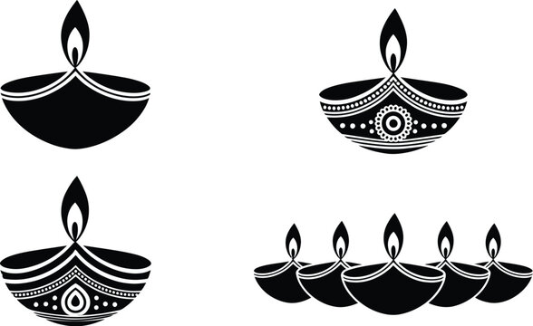 Traditional Diwali oil lamp vector set showing ornamental oil lamps with burning flames isolated on clean white background.