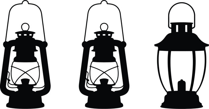 Vintage kerosene oil lantern lamp silhouette set black old light camping gas hurricane equipment object icon isolated vector illustration graphic.