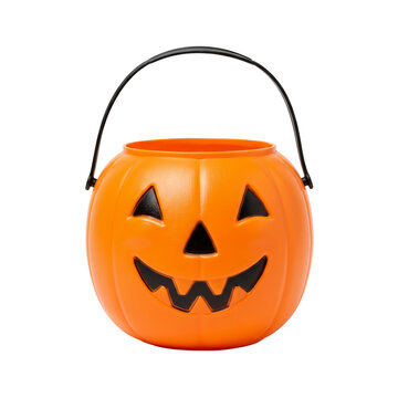 Orange pumpkin shaped Halloween candy bucket isolated, ready for trick or treating fun, celebration concept for autumn festivities isolated on transparent background