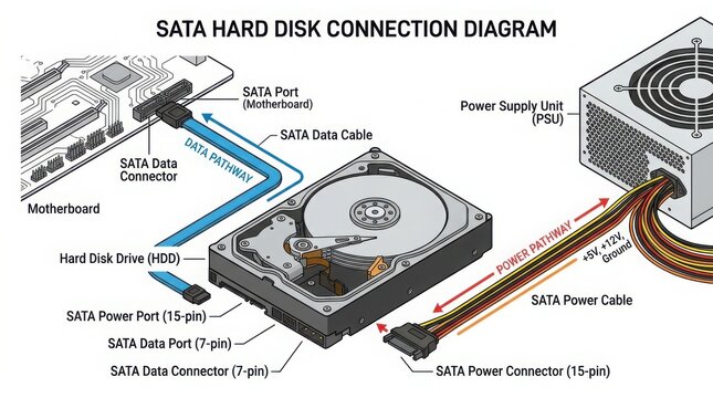 Detailed SATA hard disk connection diagram for data transfer setup