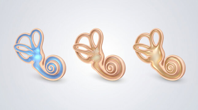 Three Stylized Inner Ear Anatomy Illustrations Showing Cochlea and Auditory Structures