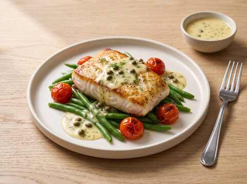 Pan seared white fish fillet with caper butter sauce, green beans, and tomatoes