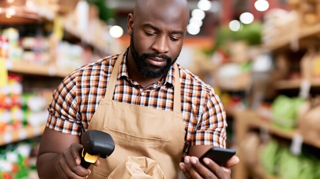 Supermarket worker scans inventory using a barcode reader and checks his mobile phone.
