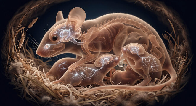 Translucent mouse nest showing parent and pups with growing brains, olfactory bulbs, reward circuits, bedding fibers, and synapses revealing early caregiving effects.