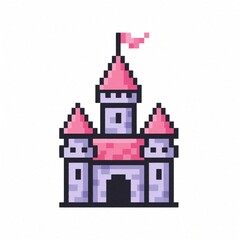 Obraz premium Pixel art castle icon with pink roofs and flag. Retro game building on white background. Medieval fantasy fortress simple graphic element for digital projects, game assets.