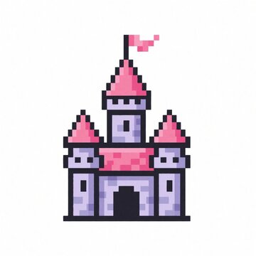 Pixel art castle icon with pink roofs and flag. Retro game building on white background. Medieval fantasy fortress simple graphic element for digital projects, game assets.