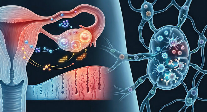 Menstrual cycle hormones, reproductive anatomy, vaccine response, immune cells, and lymph node biology in a medical cross-section