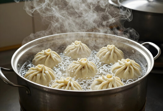 Asian cuisine and culinary tradition, steamed dumplings cooking in a metal pot with boiling water and rising steam in a home kitchen environment