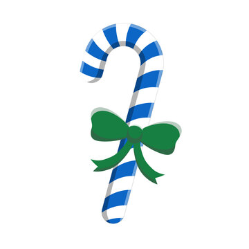 Blue and white striped Christmas candy cane decorated with a green ribbon bow isolated on white background. Festive winter peppermint stick vector illustration.