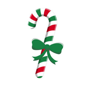 Red, green, and white striped Christmas candy cane decorated with a green ribbon bow isolated on white background. Cute Xmas peppermint stick vector illustration.