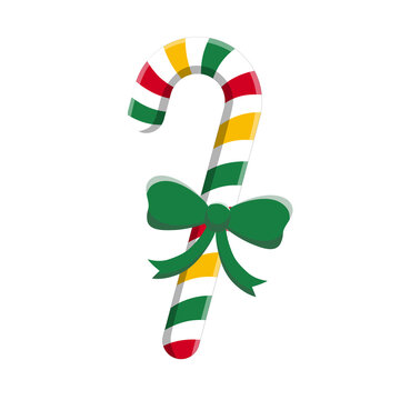 Multicolor red, yellow, and green striped Christmas candy cane with a green ribbon bow isolated on white background. Cute Xmas peppermint stick vector illustration.