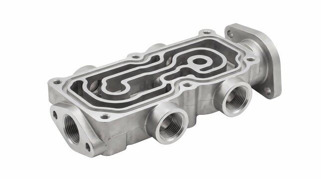 Machined aluminum valve block featuring complex internal fluid channels and threaded ports isolated against a clean white studio background surface