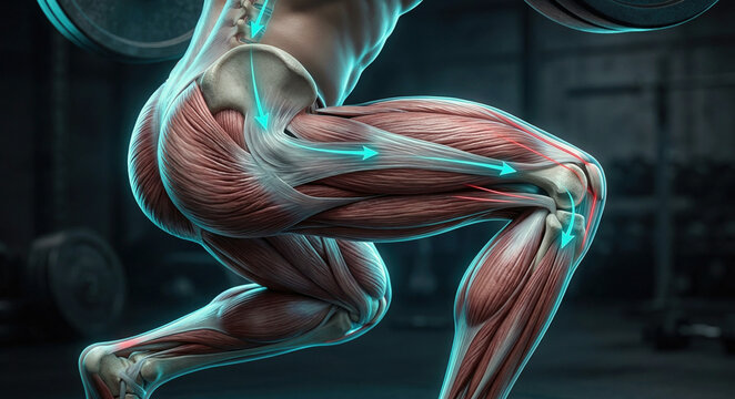 Lower body squat anatomy showing quadriceps, gluteus maximus, hamstrings, Achilles tendon, femur load, and force transfer through knees