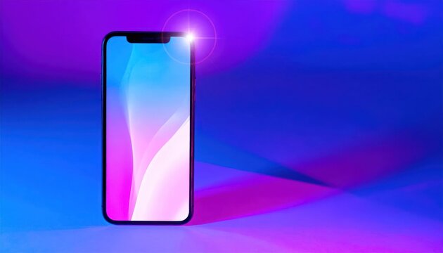 Floating smartphone with glowing light on purple background.