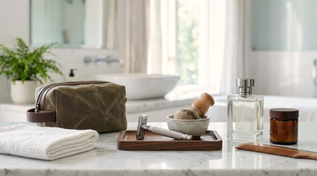 Men's summer travel grooming setup with safety razor, cologne, towel, and grooming kit on a bright vanity