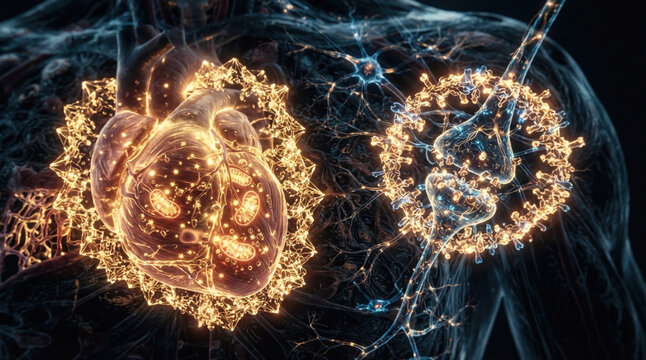 Diet-derived molecules shielding heart tissue and neural synapses, with capillaries, membrane receptors, antioxidant granules, and mitochondrial glow.