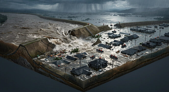 River delta flood disaster with breached levees, submerged rooftops, rescue boats, debris, and heavy rain